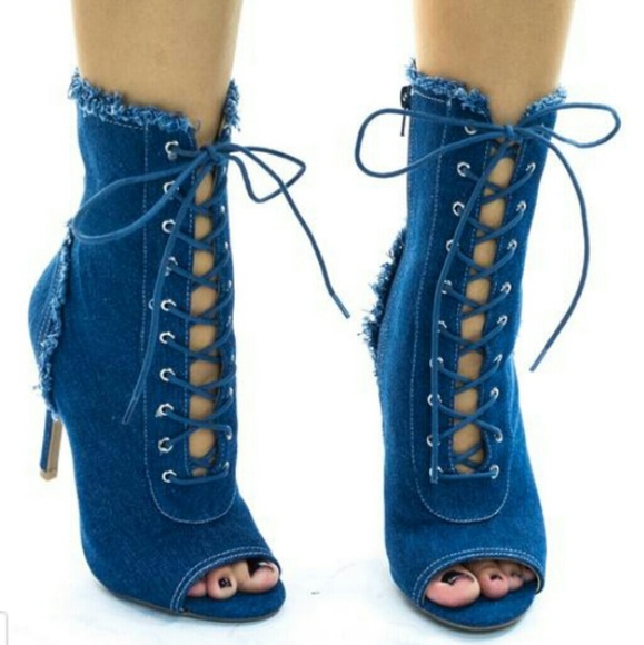 Shoes - Denim lace-up peep-toe bootie